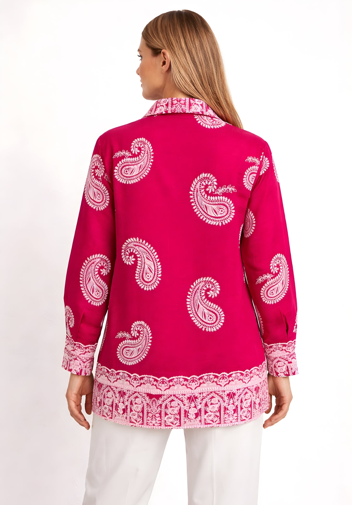 Back view of relaxed-fit pink puff print shirt