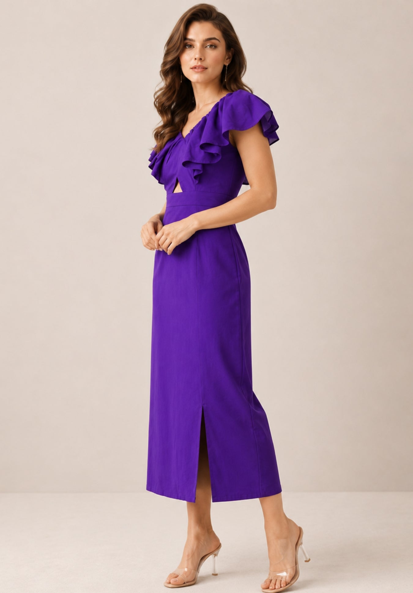 Purple Pure Cotton Flutter Sleeve Ruffled Sheath Midi Dress