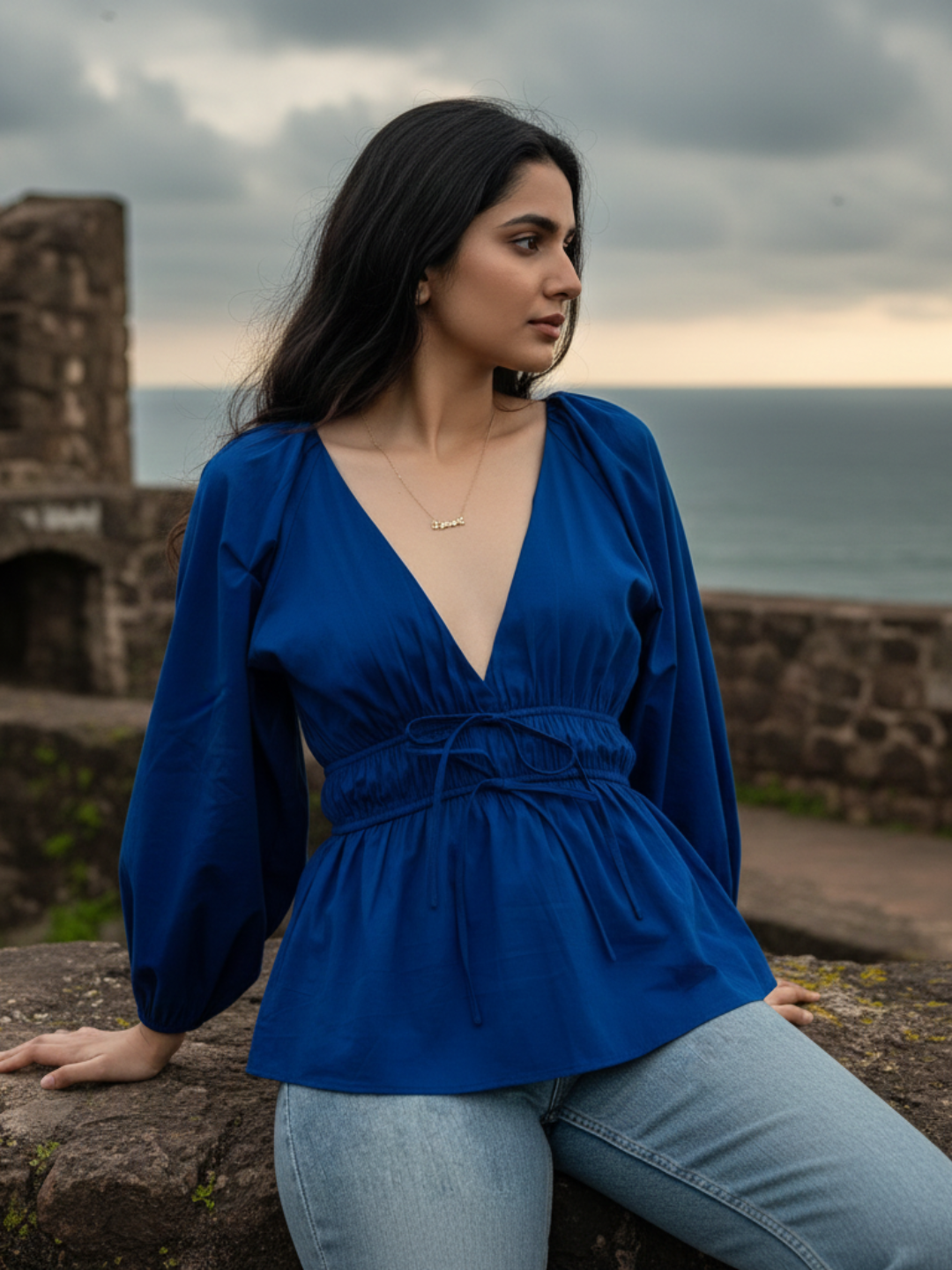Front view of blue poplin cotton V-neck top for women