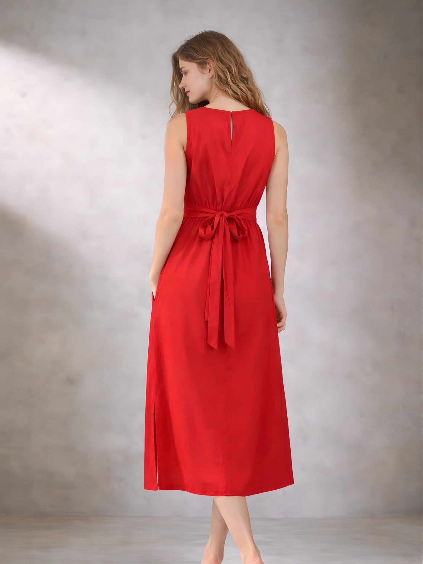 Red A-line cotton dress styled with sneakers for day wear