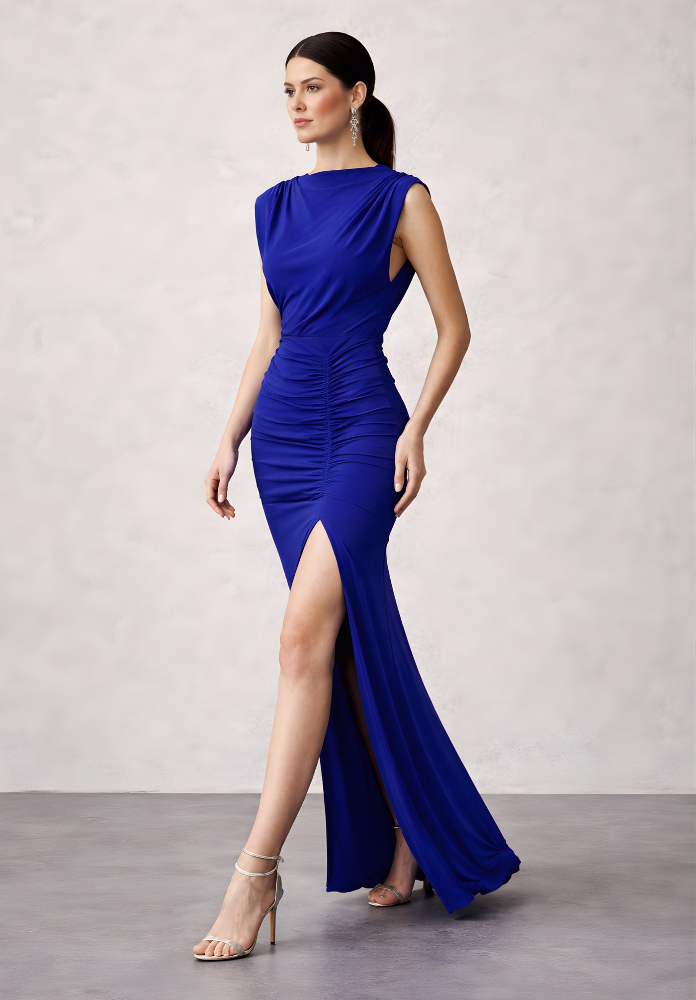 Close-up of fabric on royal blue bodycon dress