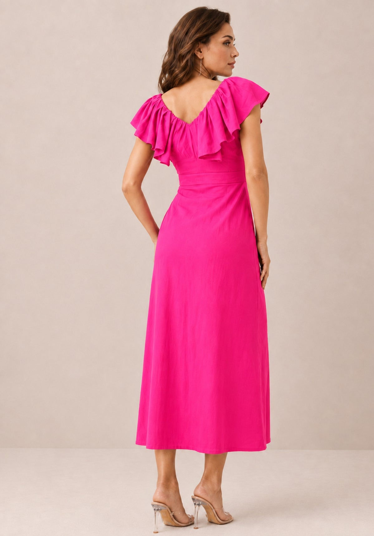 Pink Pure Cotton Flutter Sleeve Ruffled Sheath Midi Dress