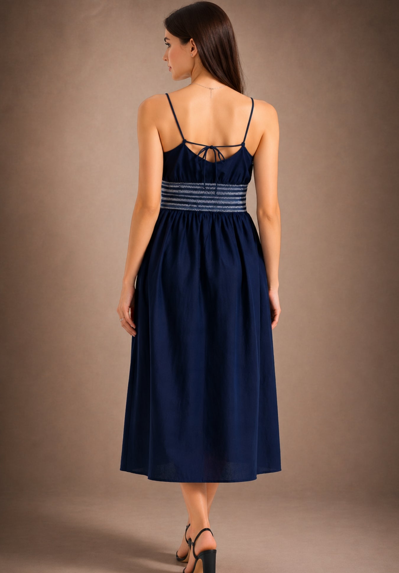 Back view of navy pure cotton embroidery A-line dress