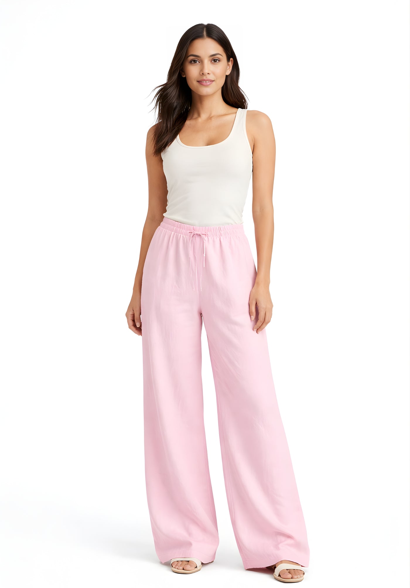 Close-up of mid-rise elasticated waist with drawstring on light pink linen trousers