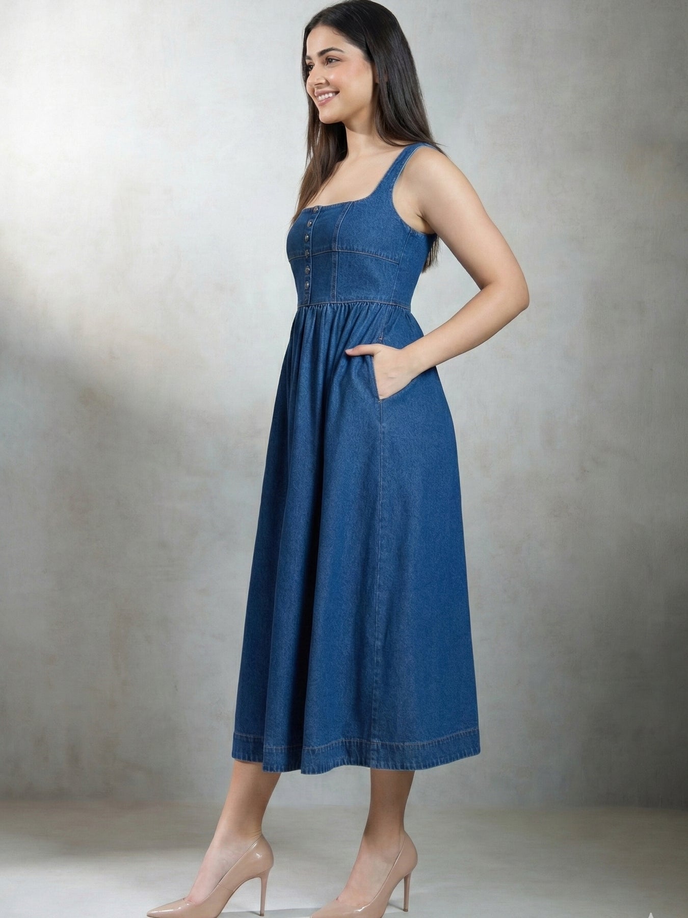 Side view of blue denim flared midi dress