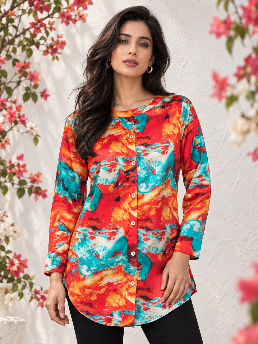 Red Printed Satin Kurta Shirt