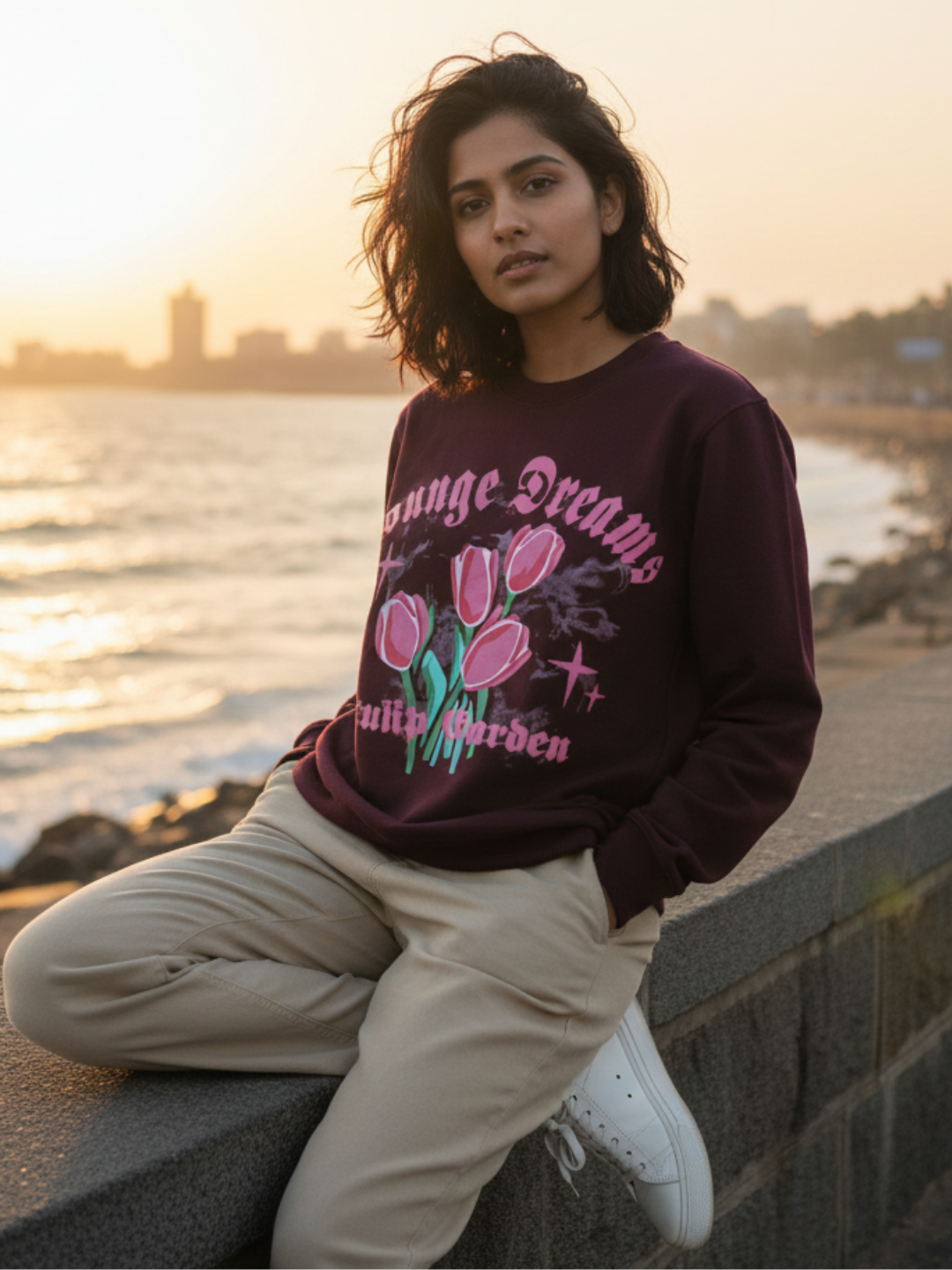 Front view of wine tulip print sweatshirt for women