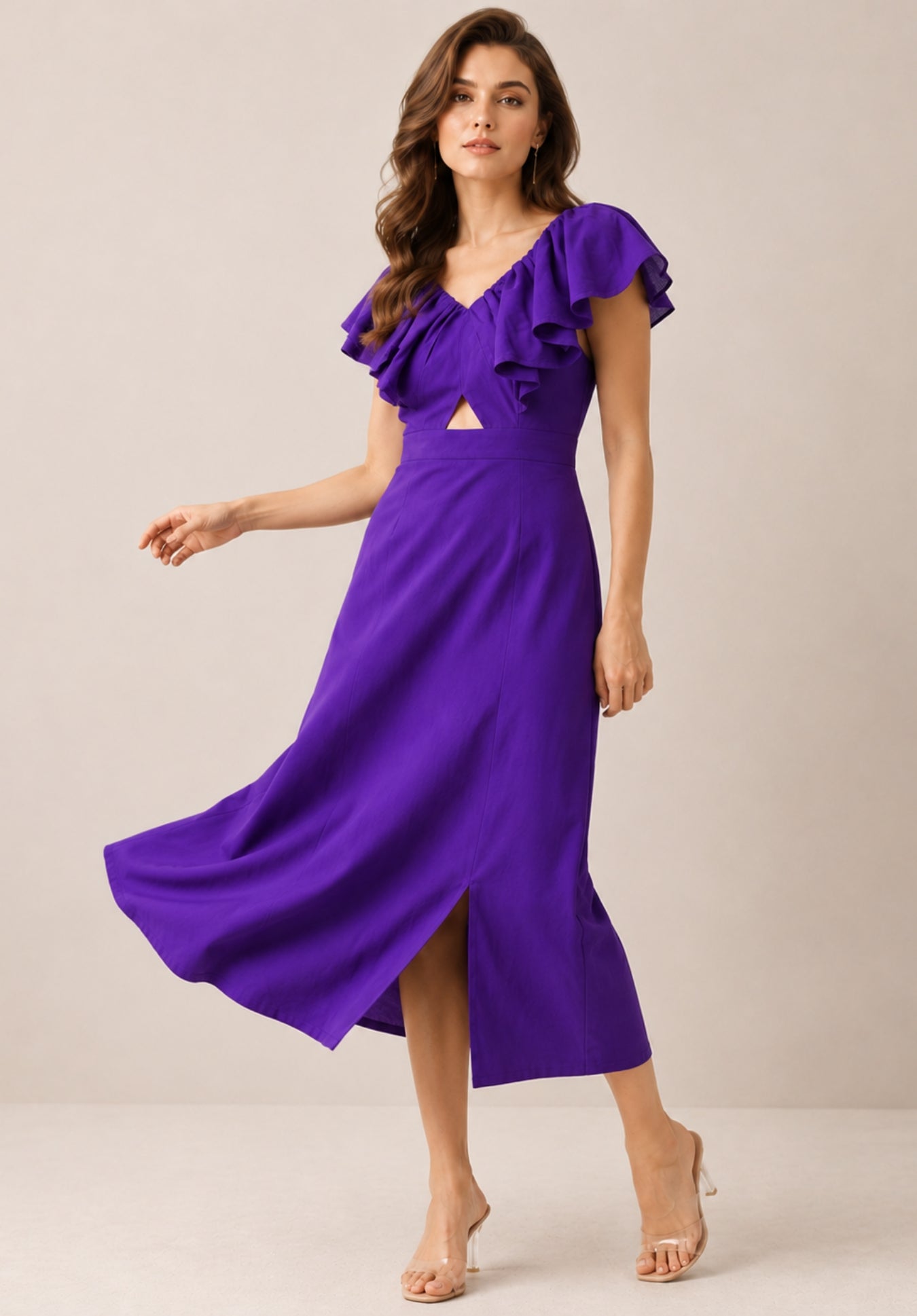 Purple Pure Cotton Flutter Sleeve Ruffled Sheath Midi Dress