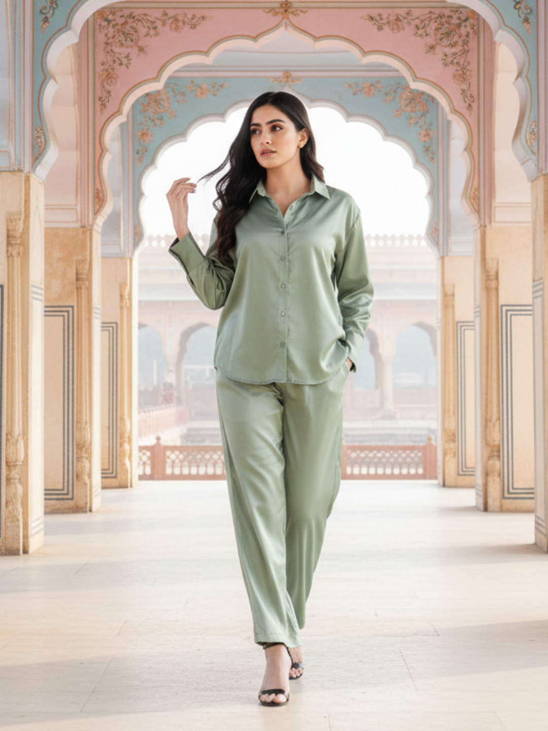 Model wearing light green satin co-ord set with relaxed fit shirt and pants