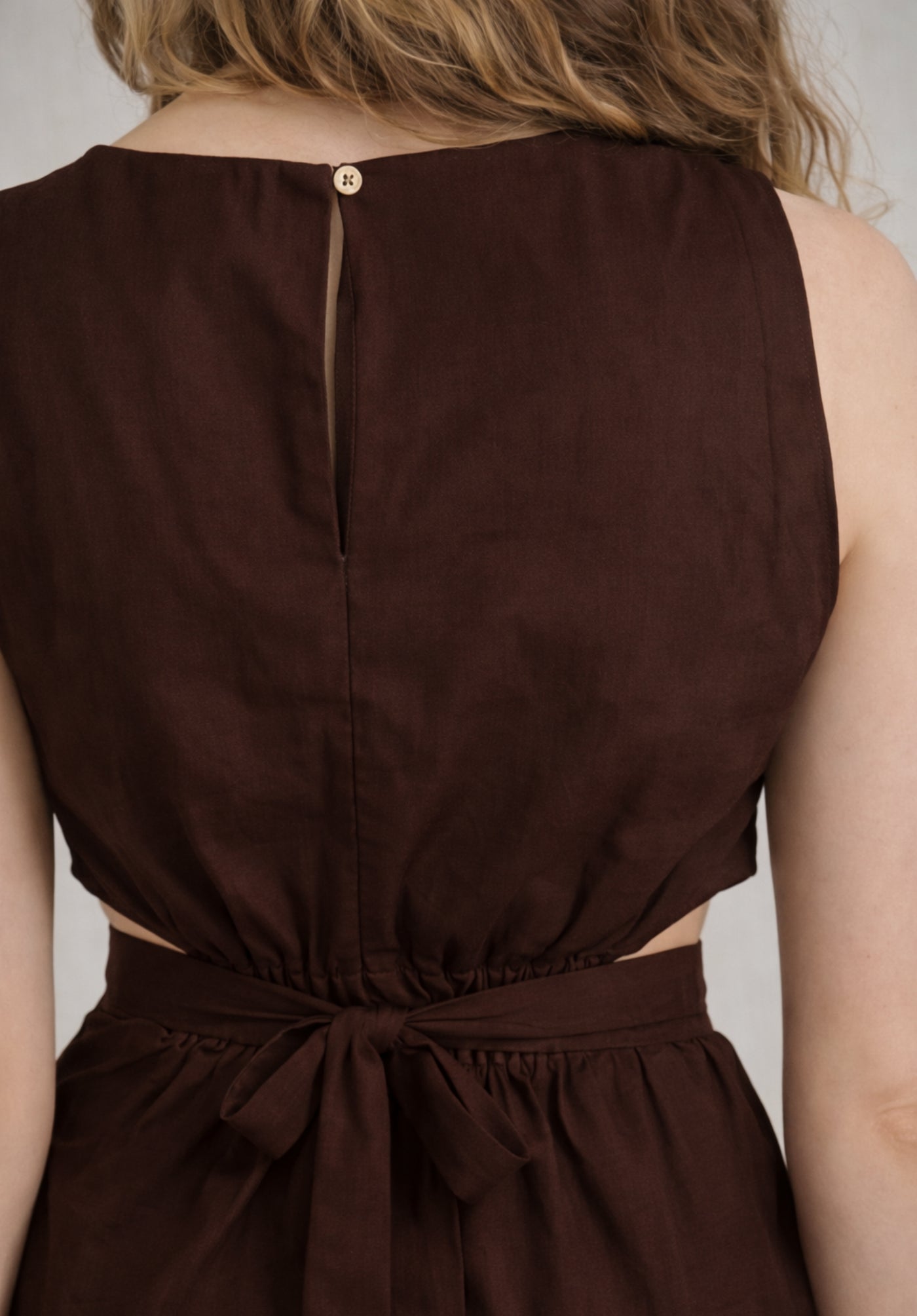 Back view of brown pure cotton A-line dress