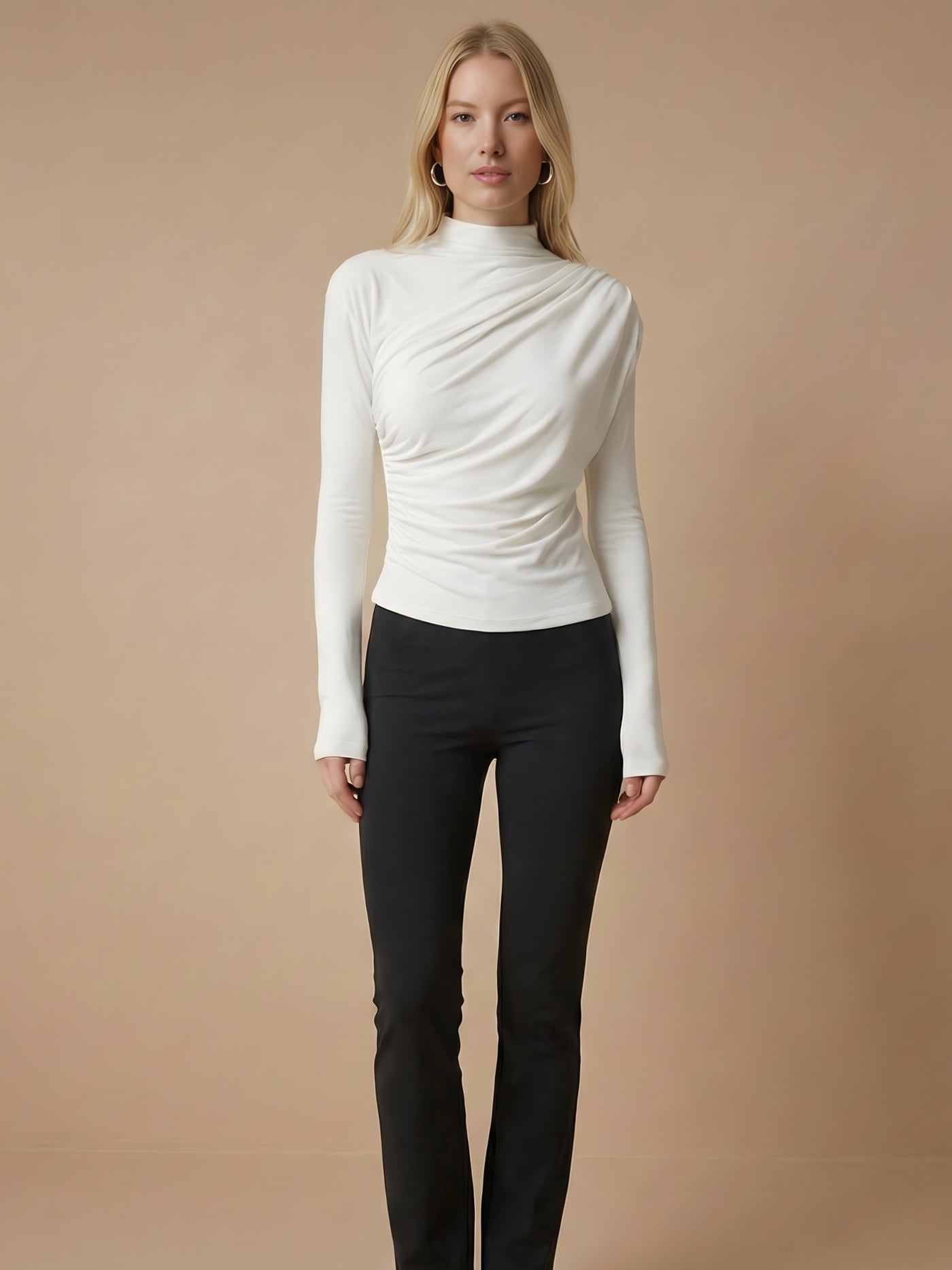 Back view of white high neck long-sleeve top