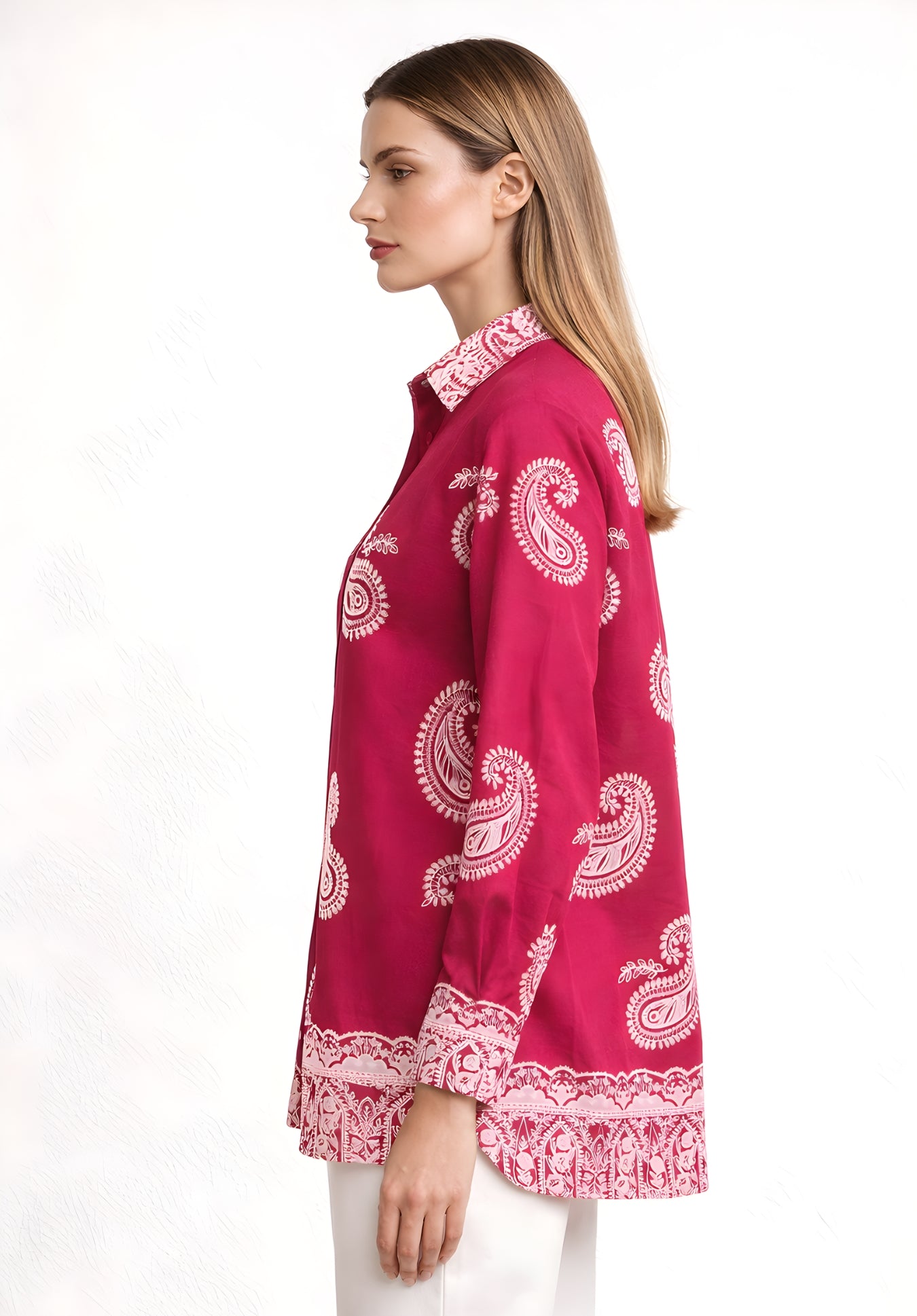 Close-up of glossy puff print artwork on pink shirt
