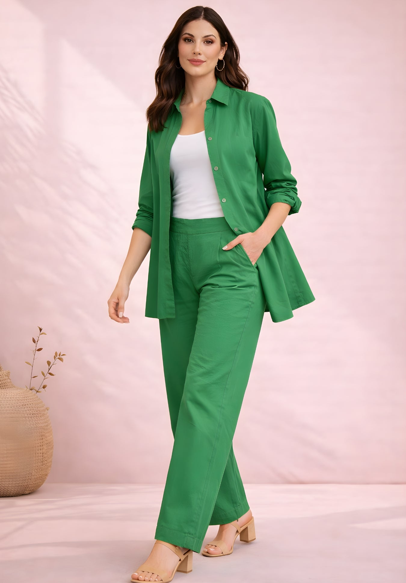 Detail shot of green poplin fabric and collar