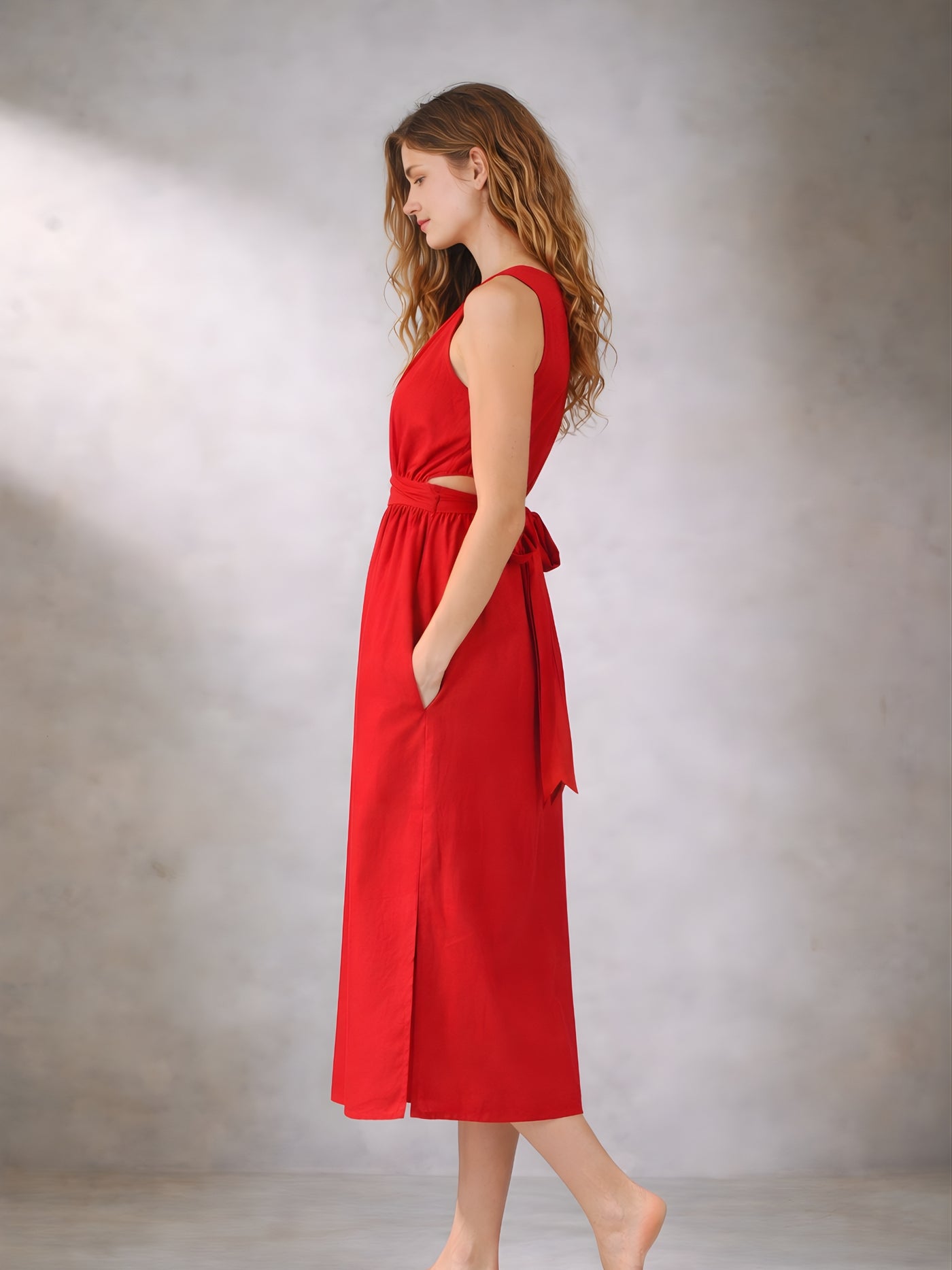 Red pure cotton dress fabric and stitching detail close-up