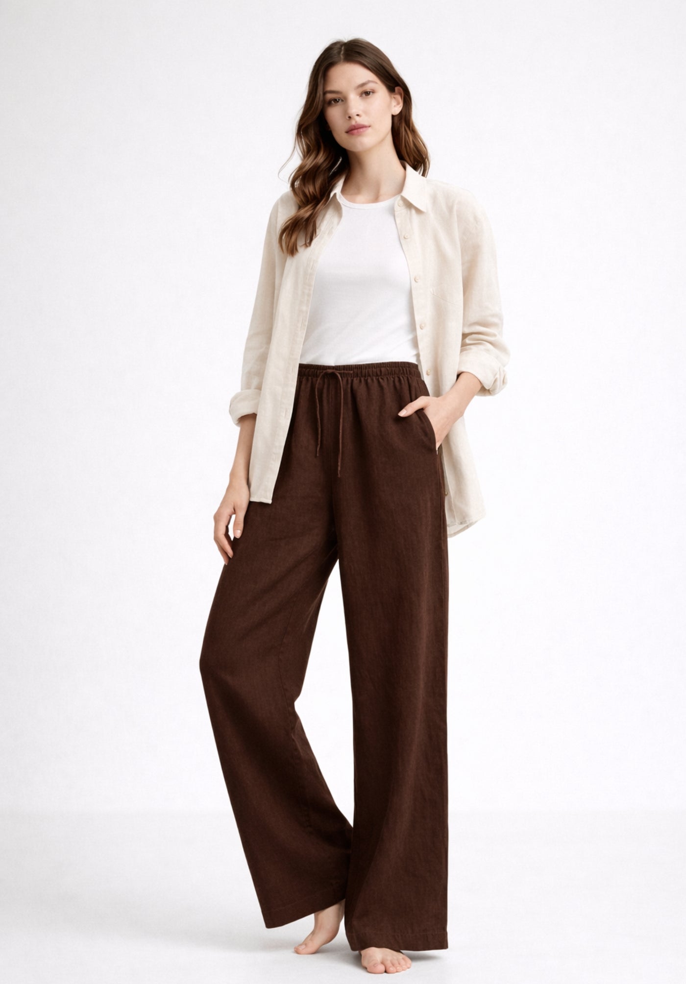 Brown Linen Blend Baggy Trousers