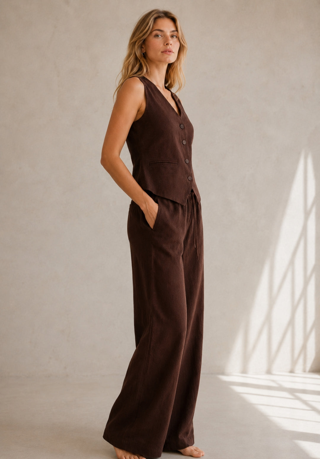 Brown Linen Solid Vest Top with Palazzos Co-ord Set