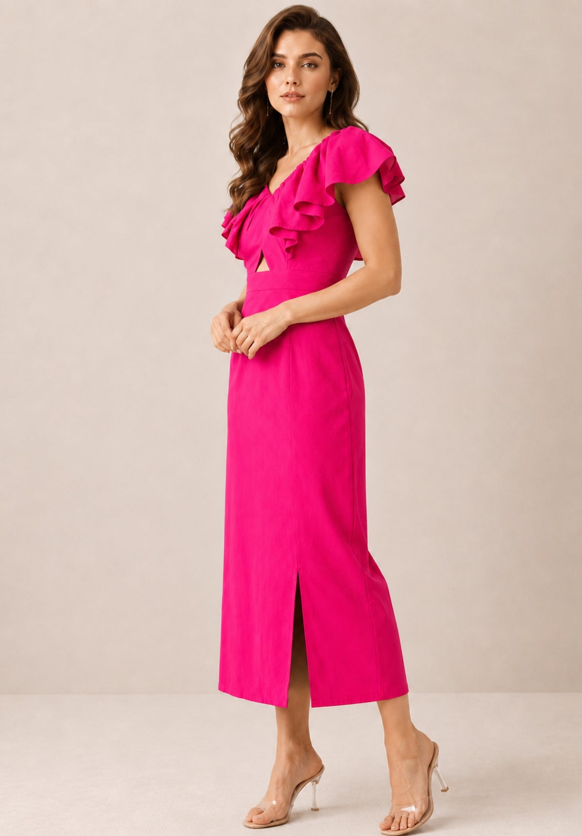 Pink Pure Cotton Flutter Sleeve Ruffled Sheath Midi Dress
