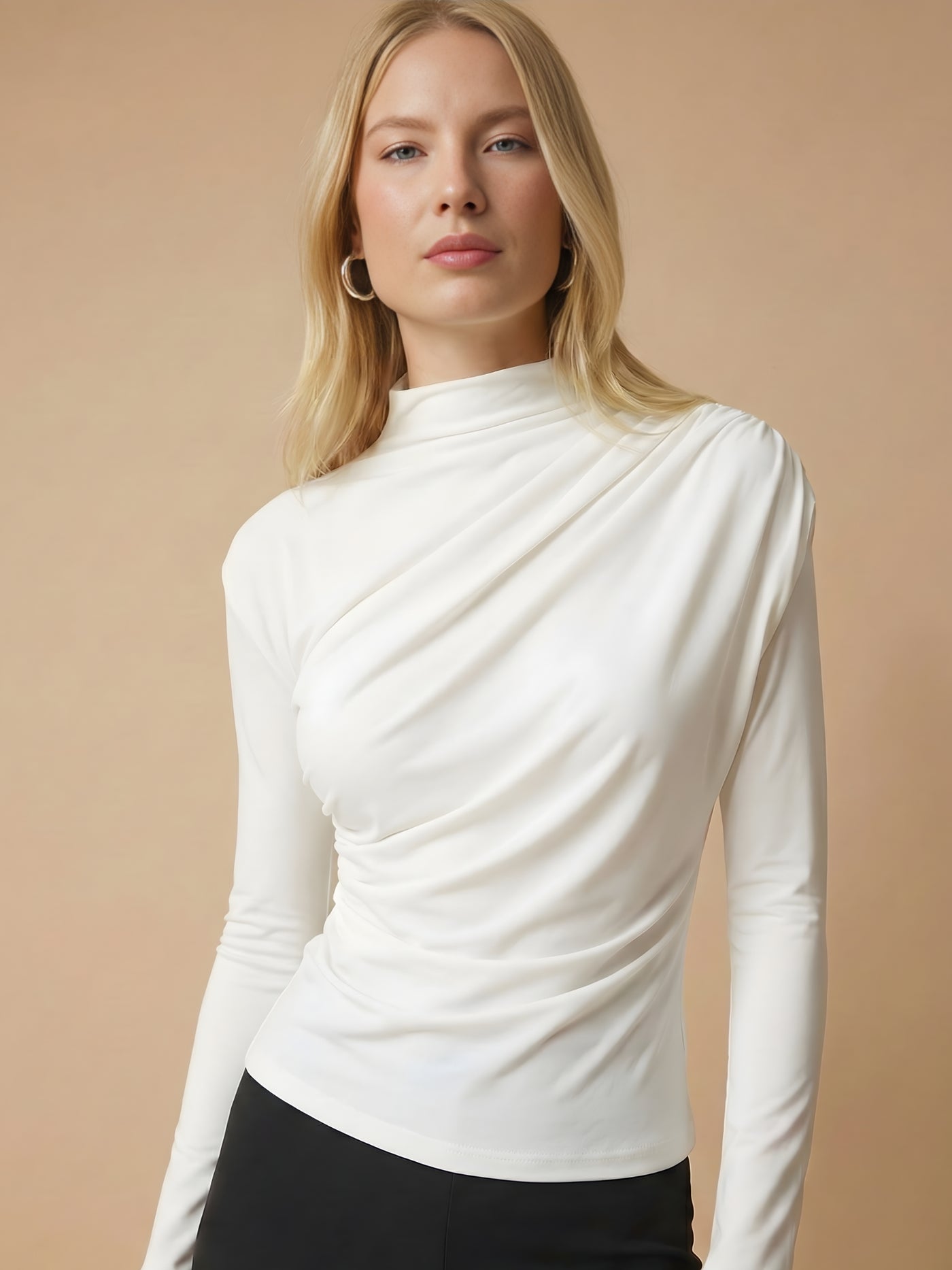 Side view of white high neck top