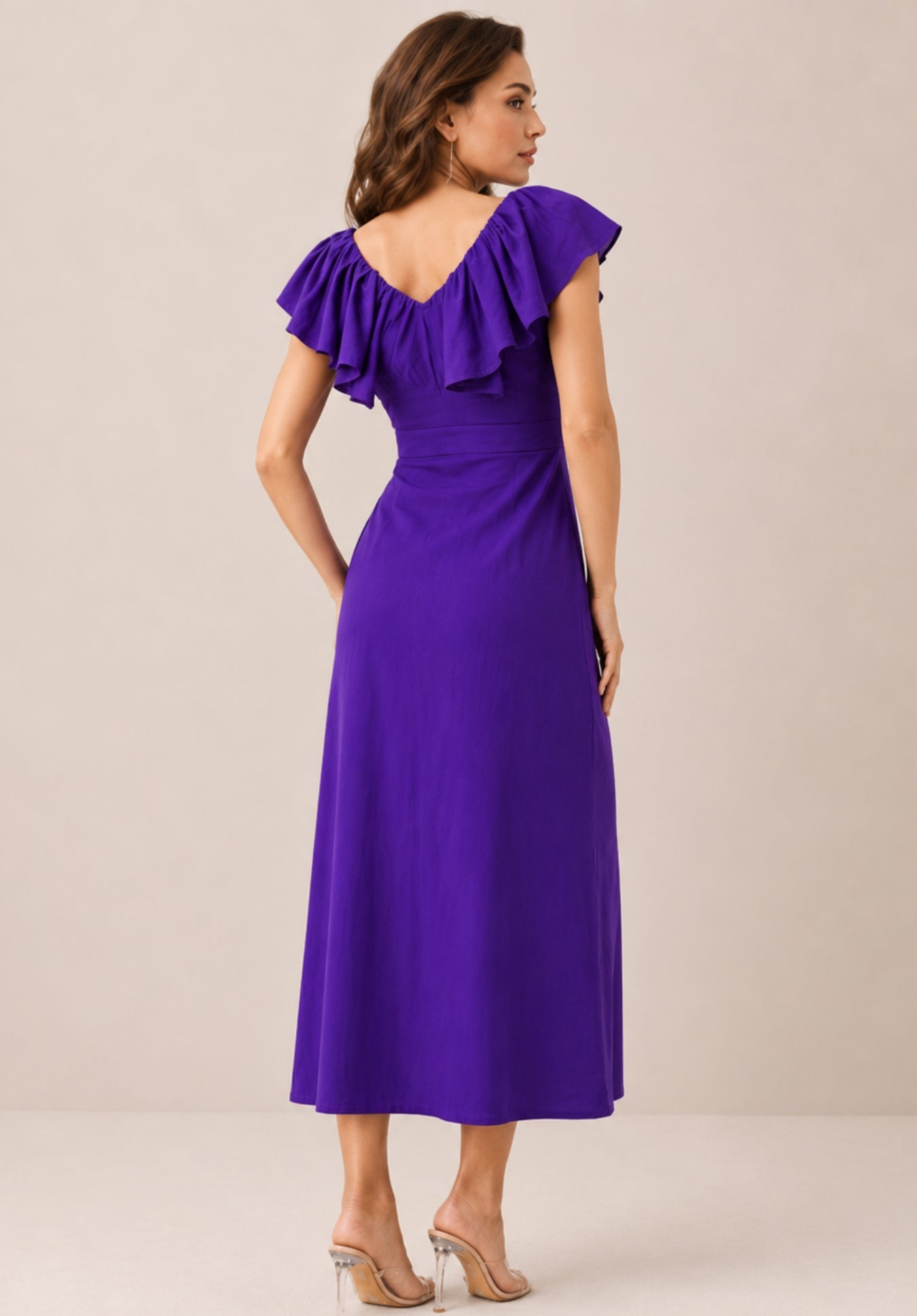 Purple Pure Cotton Flutter Sleeve Ruffled Sheath Midi Dress
