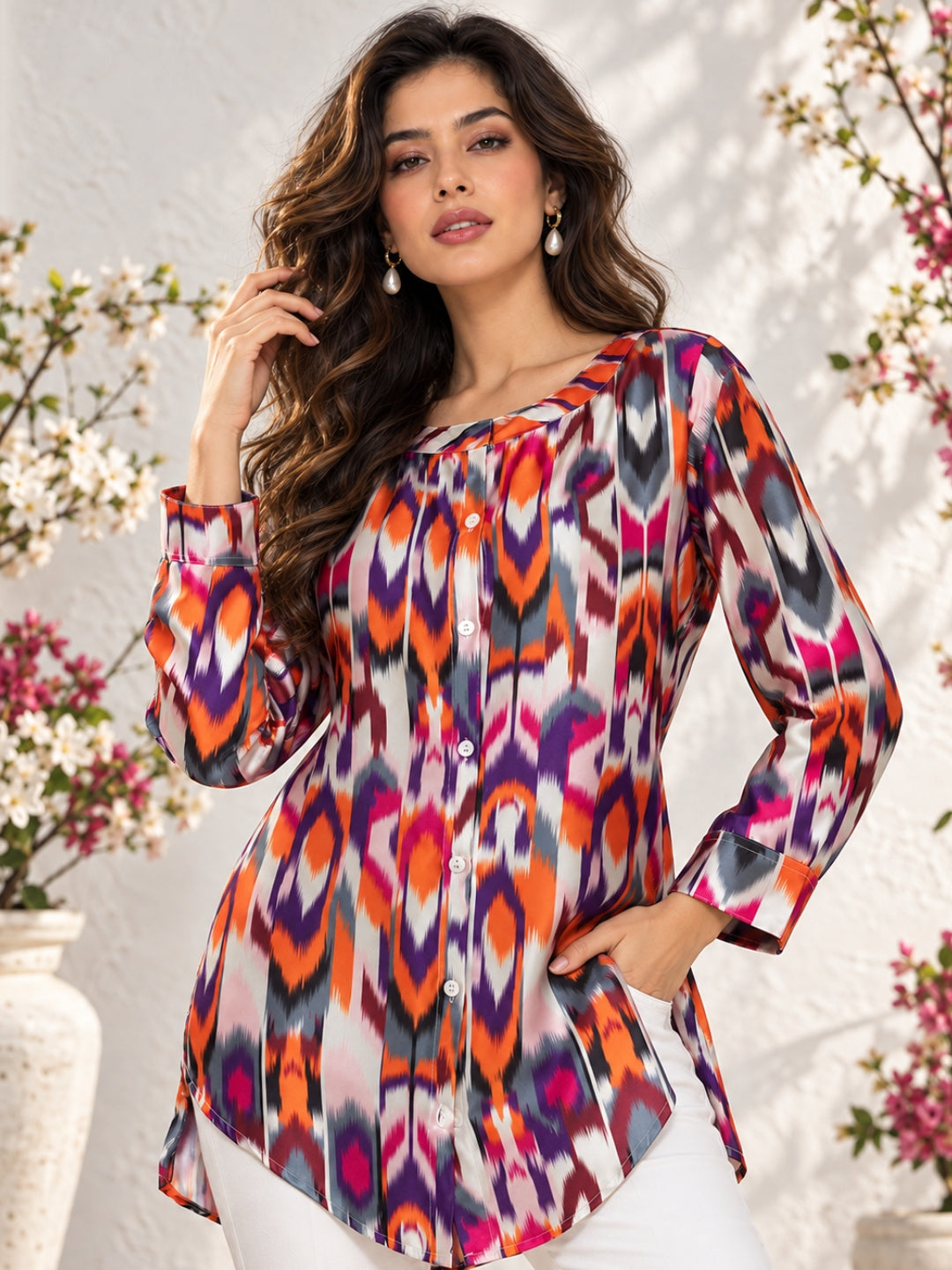 Multicolor Atik Print Satin Kurta Shirt