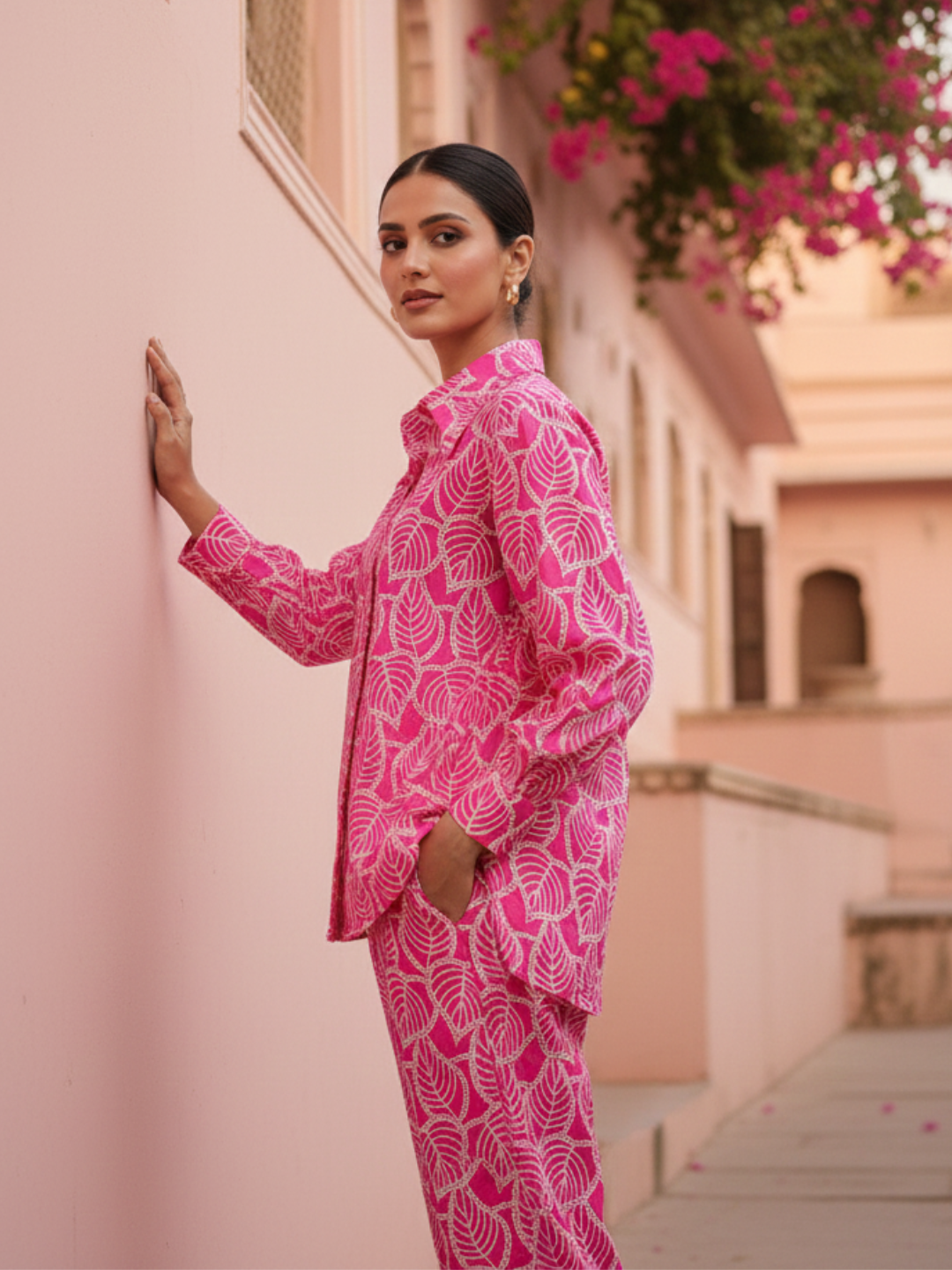 Detail of Schiffli embroidery on pink cotton co-ord