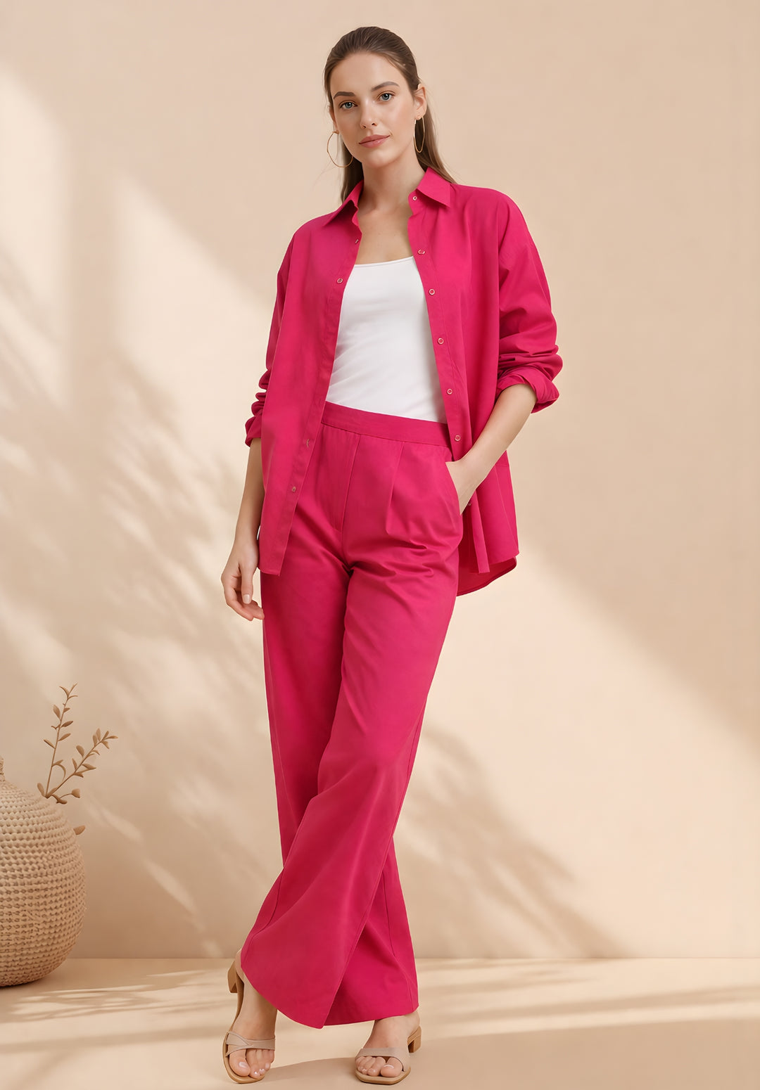 Front view of woman in hot pink poplin cotton co-ord set