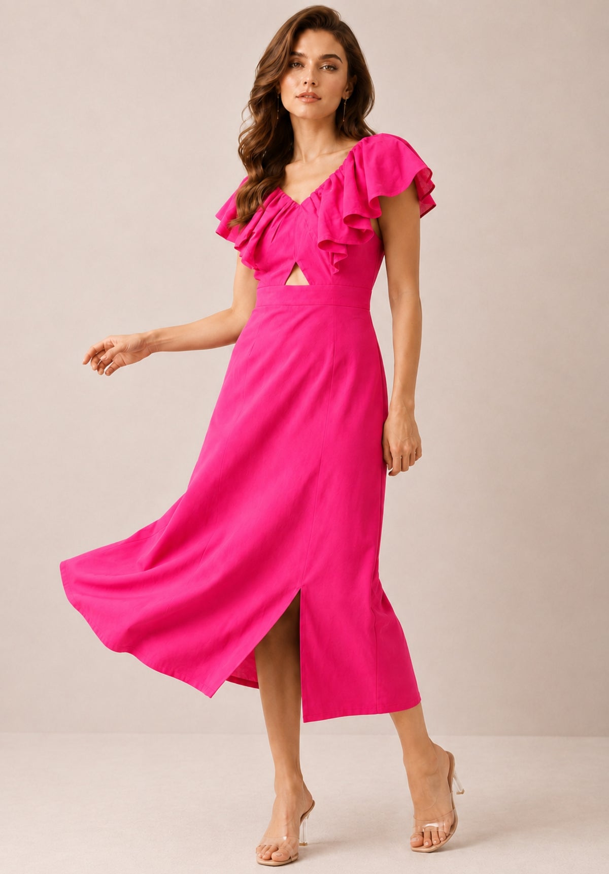 Pink Pure Cotton Flutter Sleeve Ruffled Sheath Midi Dress