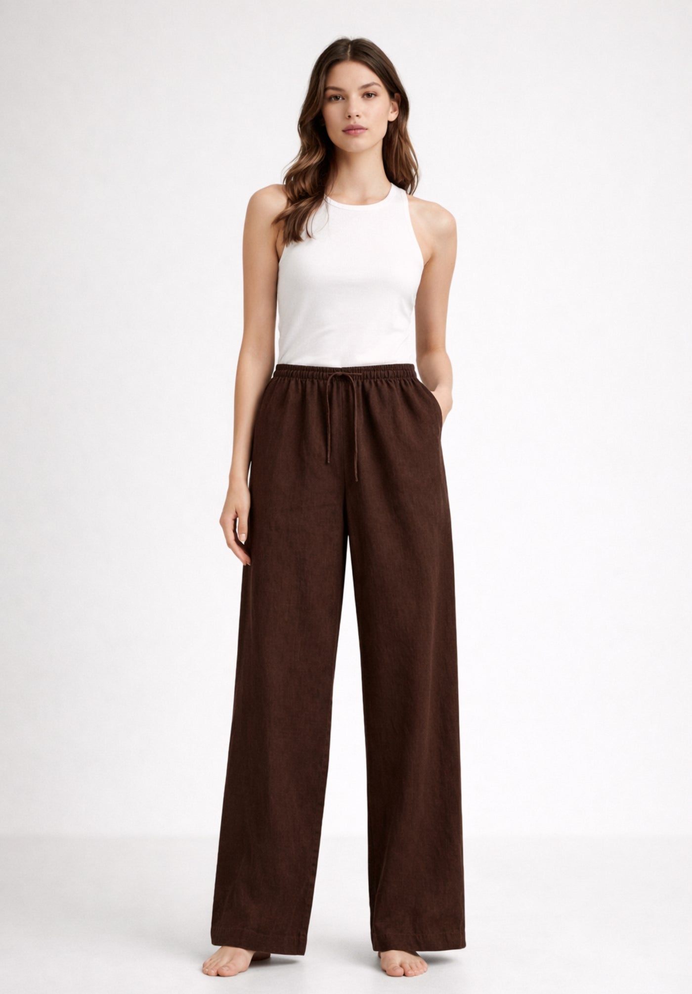 Brown Linen Blend Baggy Trousers