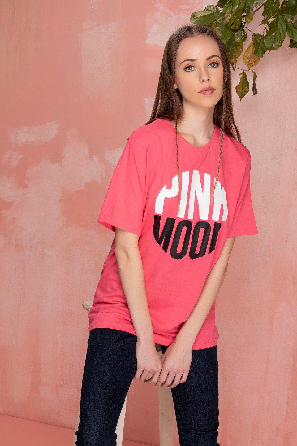 Pink Mood graphic tee styled outfit