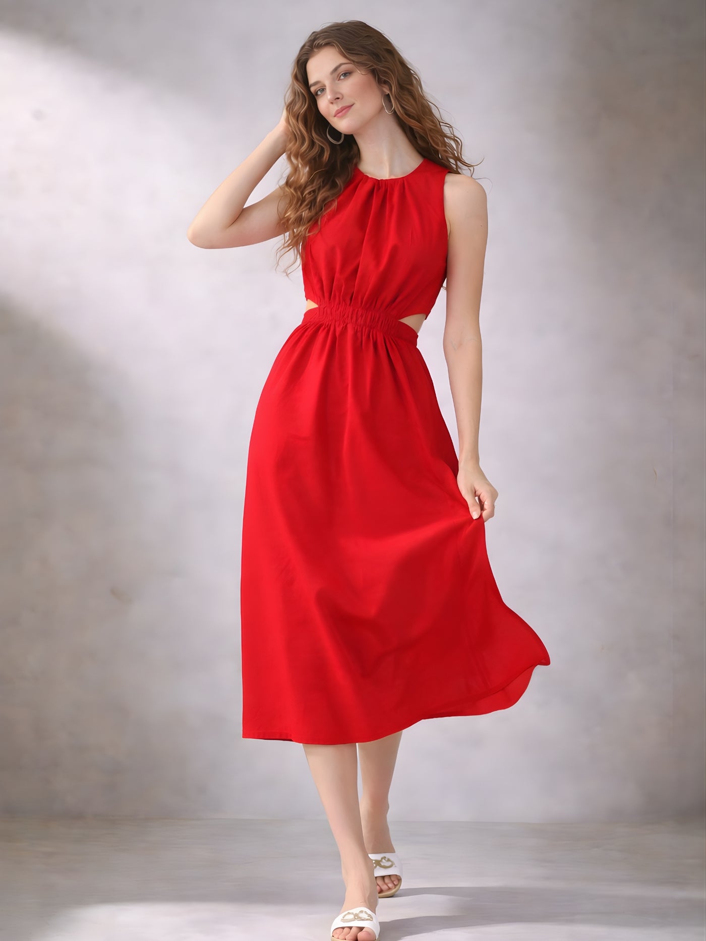 Red cotton mid-length dress for women styling shot