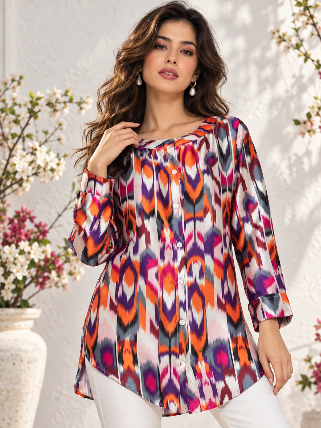 Multicolor Atik Print Satin Kurta Shirt