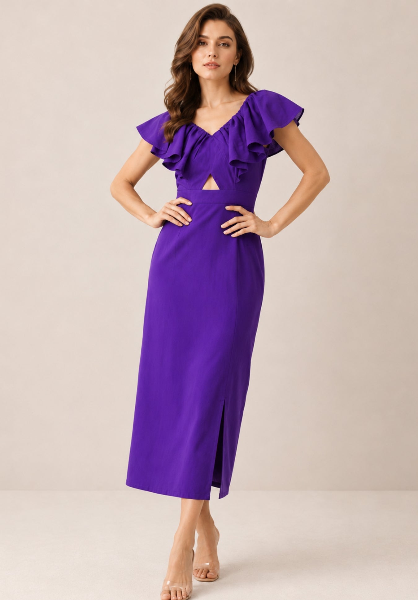 Purple Pure Cotton Flutter Sleeve Ruffled Sheath Midi Dress
