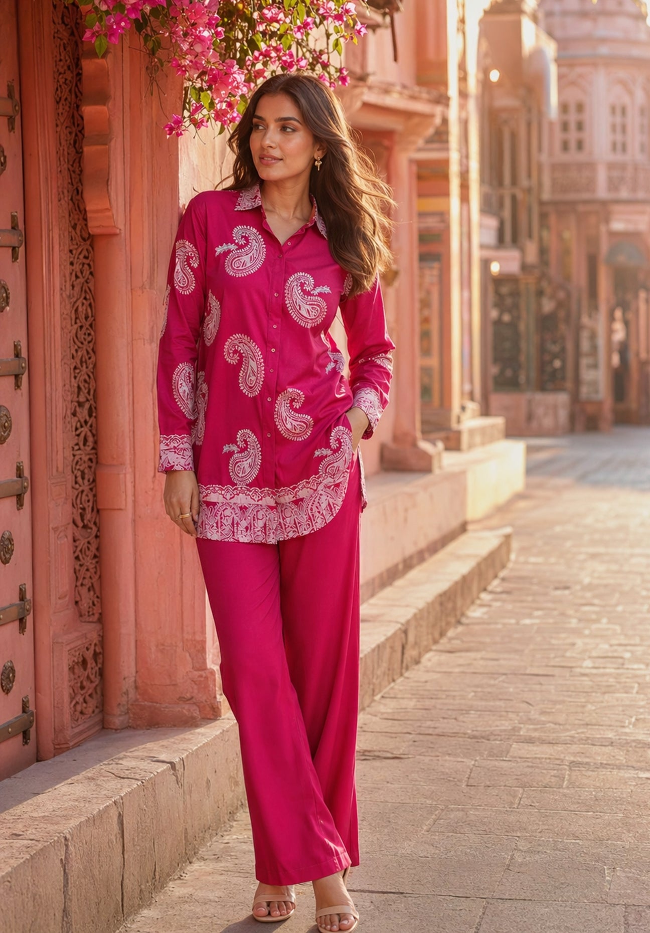 Front view of pink puff print satin co-ord set with long-sleeve shirt and trousers