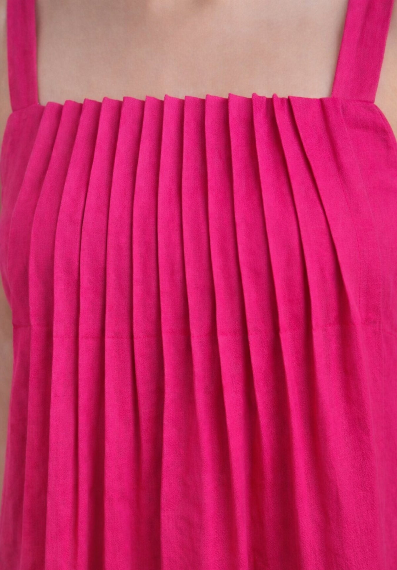 Pink pleated cotton smocked waist dress full length