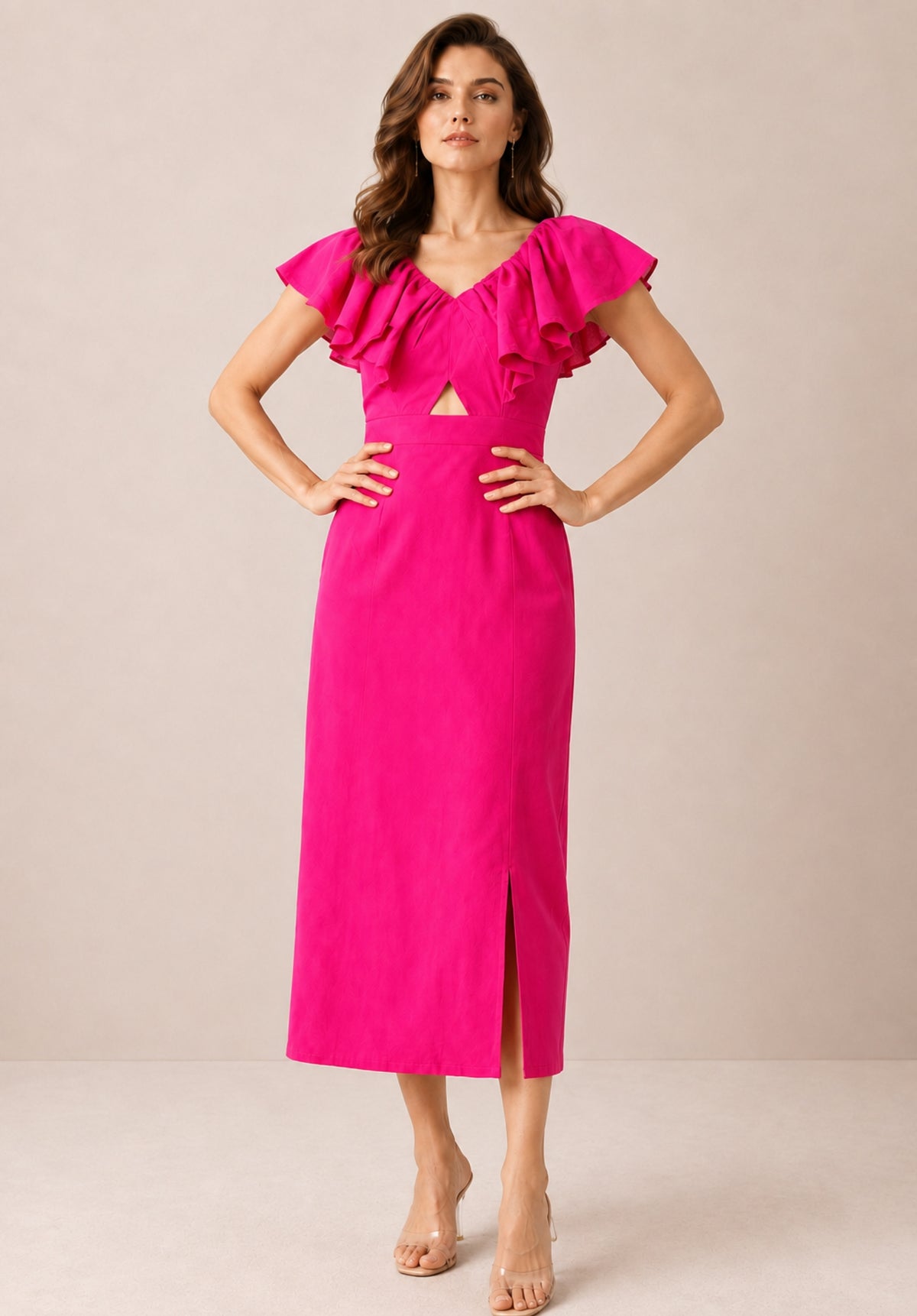 Pink Pure Cotton Flutter Sleeve Ruffled Sheath Midi Dress