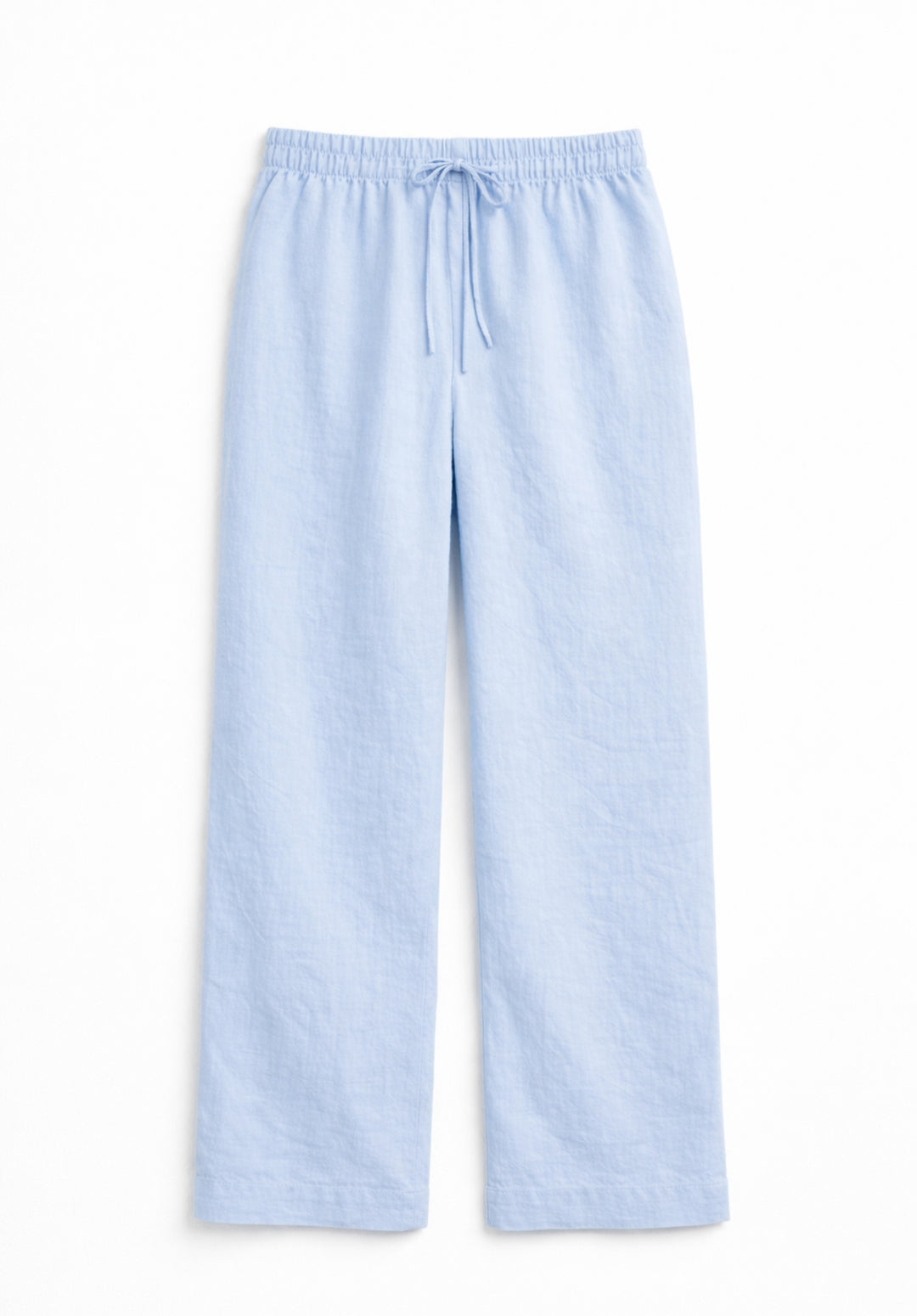 Front view of sky blue linen blend baggy trousers for women with drawstring waist