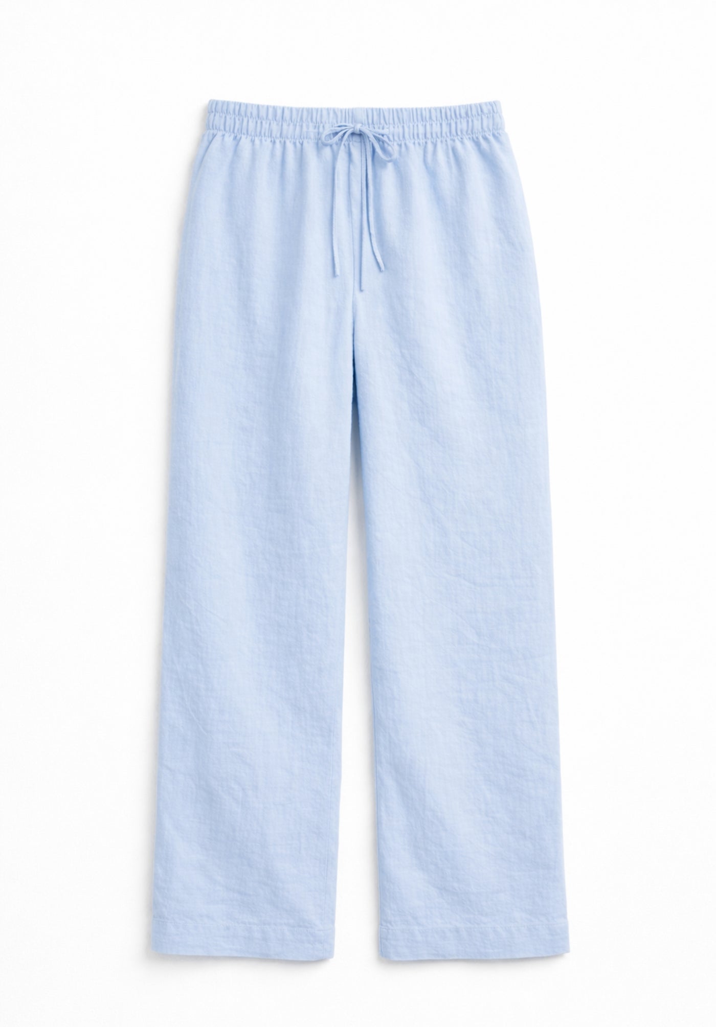 Front view of sky blue linen blend baggy trousers for women with drawstring waist
