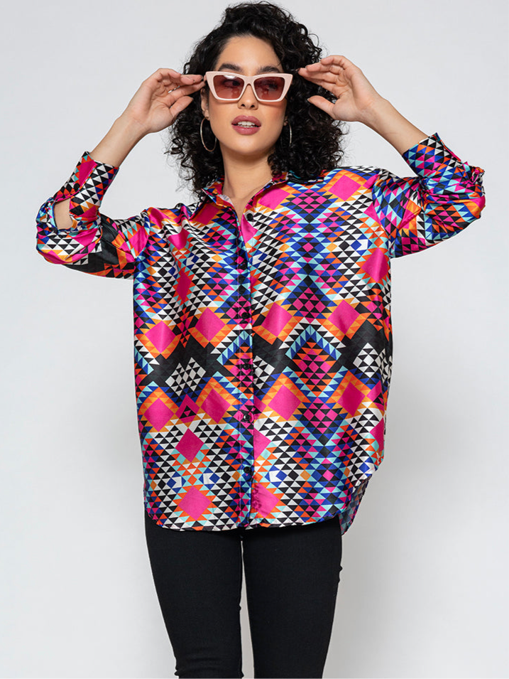 Front view of multicolor floral print satin shirt with relaxed fit