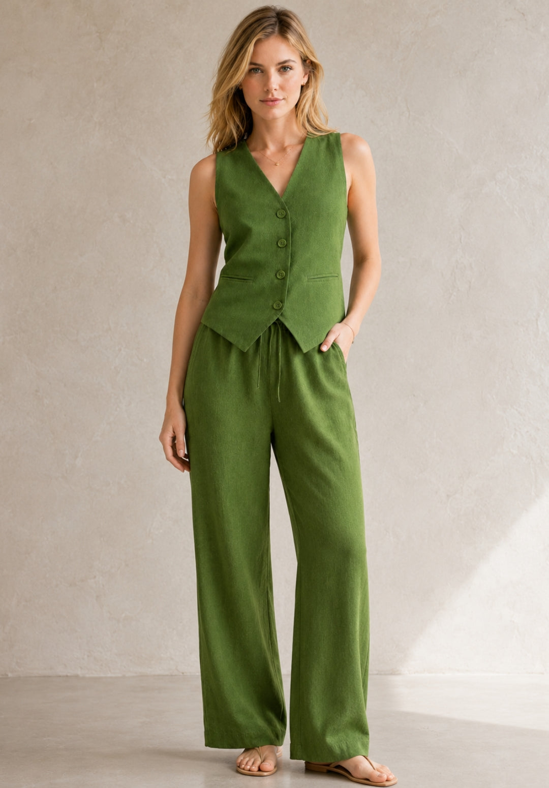 Olive Linen Solid Vest Top with Palazzos Co-ord Set