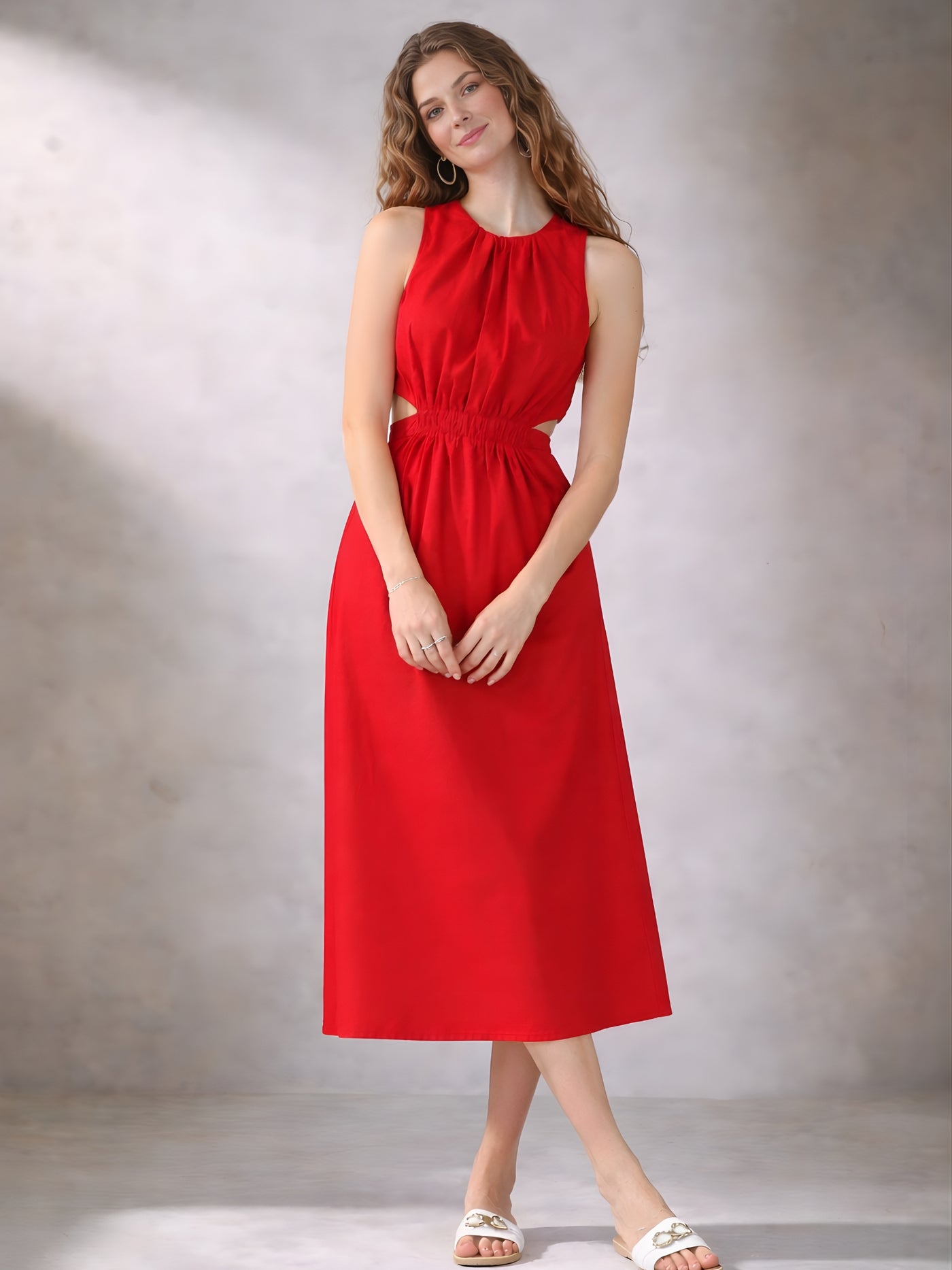 Red pure cotton A-line dress full outfit view