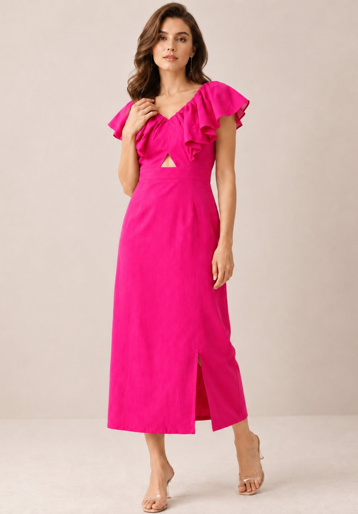 Pink Pure Cotton Flutter Sleeve Ruffled Sheath Midi Dress