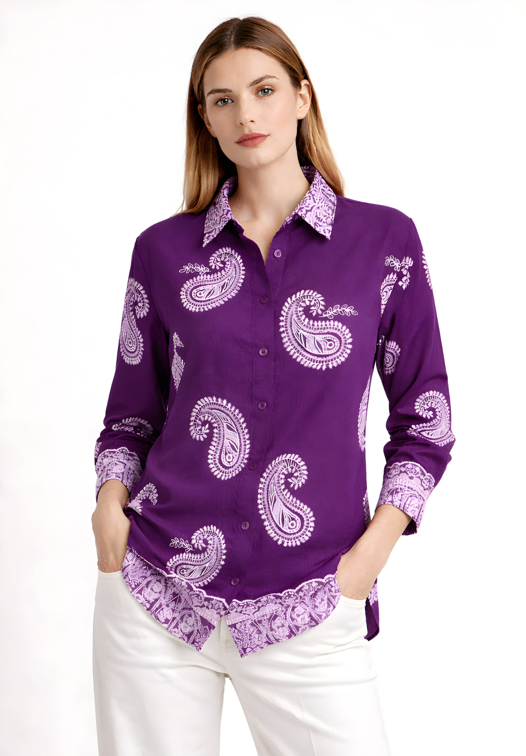 Front view of purple puff print oversized satin shirt for women