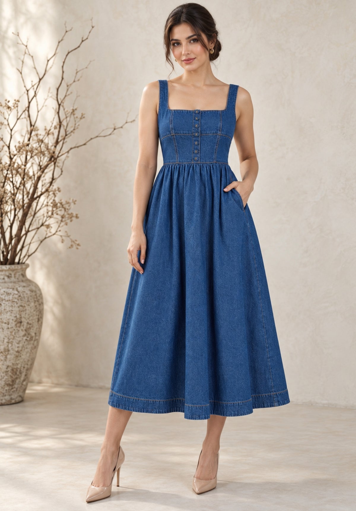 Blue Denim Flared Midi Dress