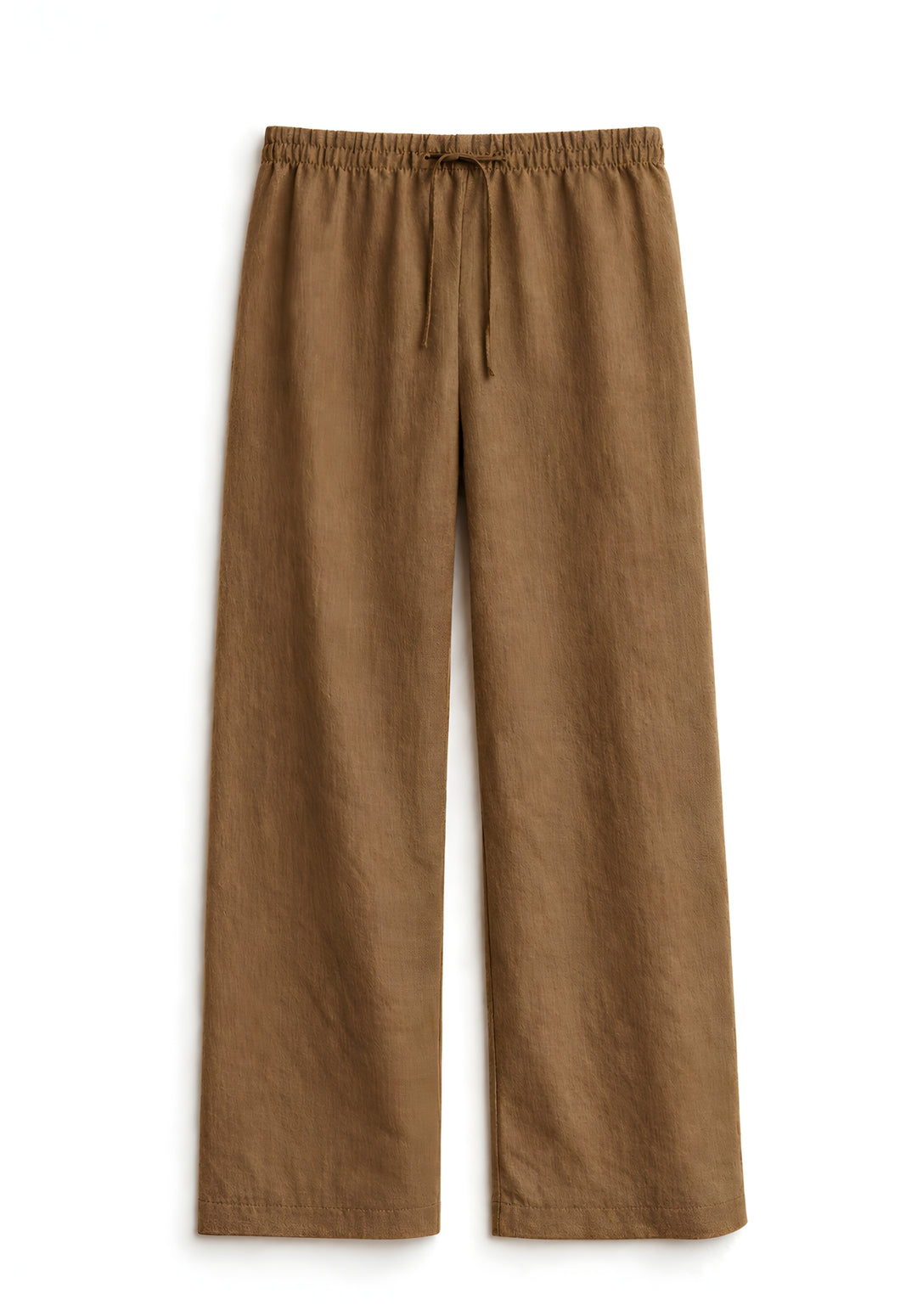 Front view of taupe linen blend baggy trousers for women