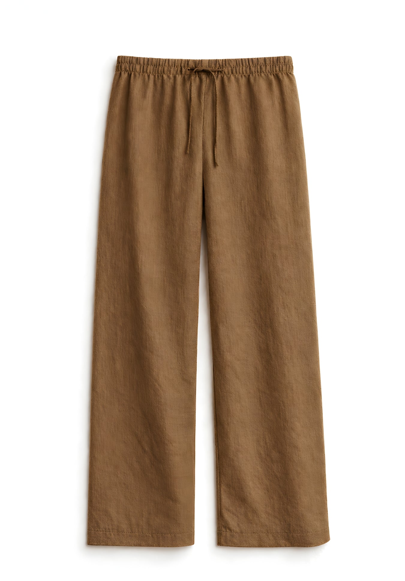 Front view of taupe linen blend baggy trousers for women