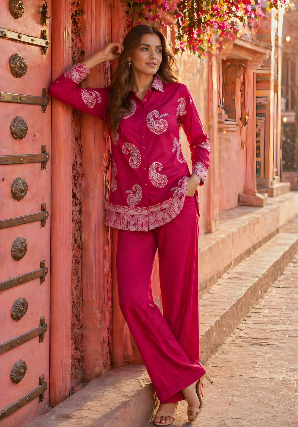 Side view of pink satin co-ord set showing relaxed fit and curved hem