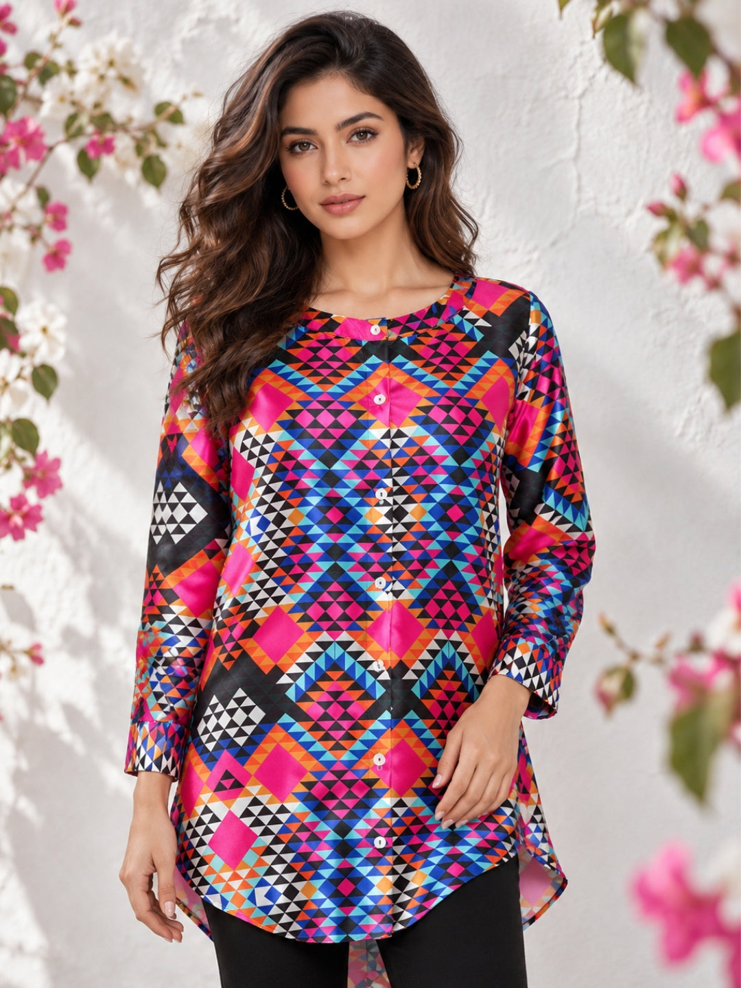 Multicolor Floral Print Satin Kurta Shirt