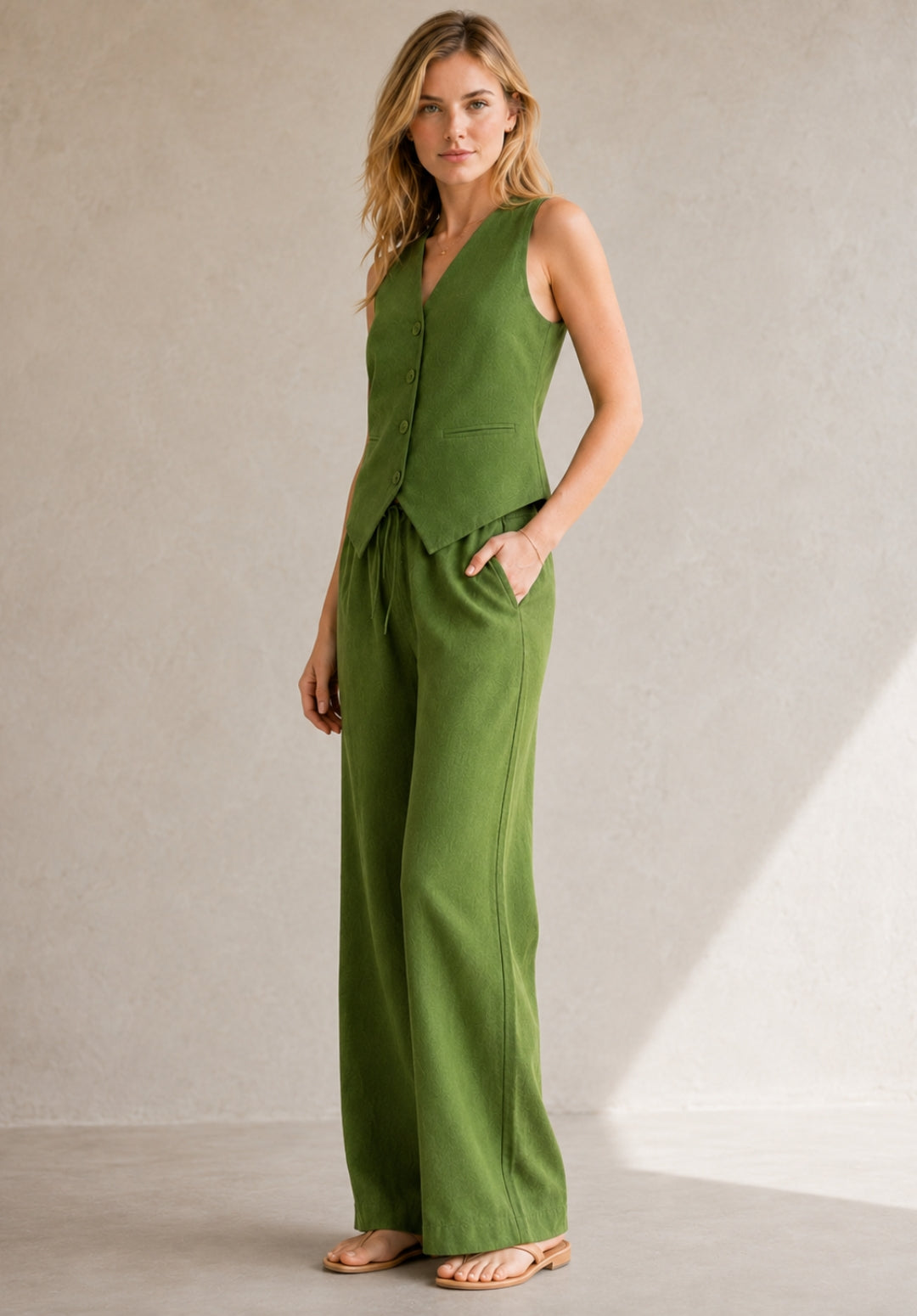 Olive Linen Solid Vest Top with Palazzos Co-ord Set