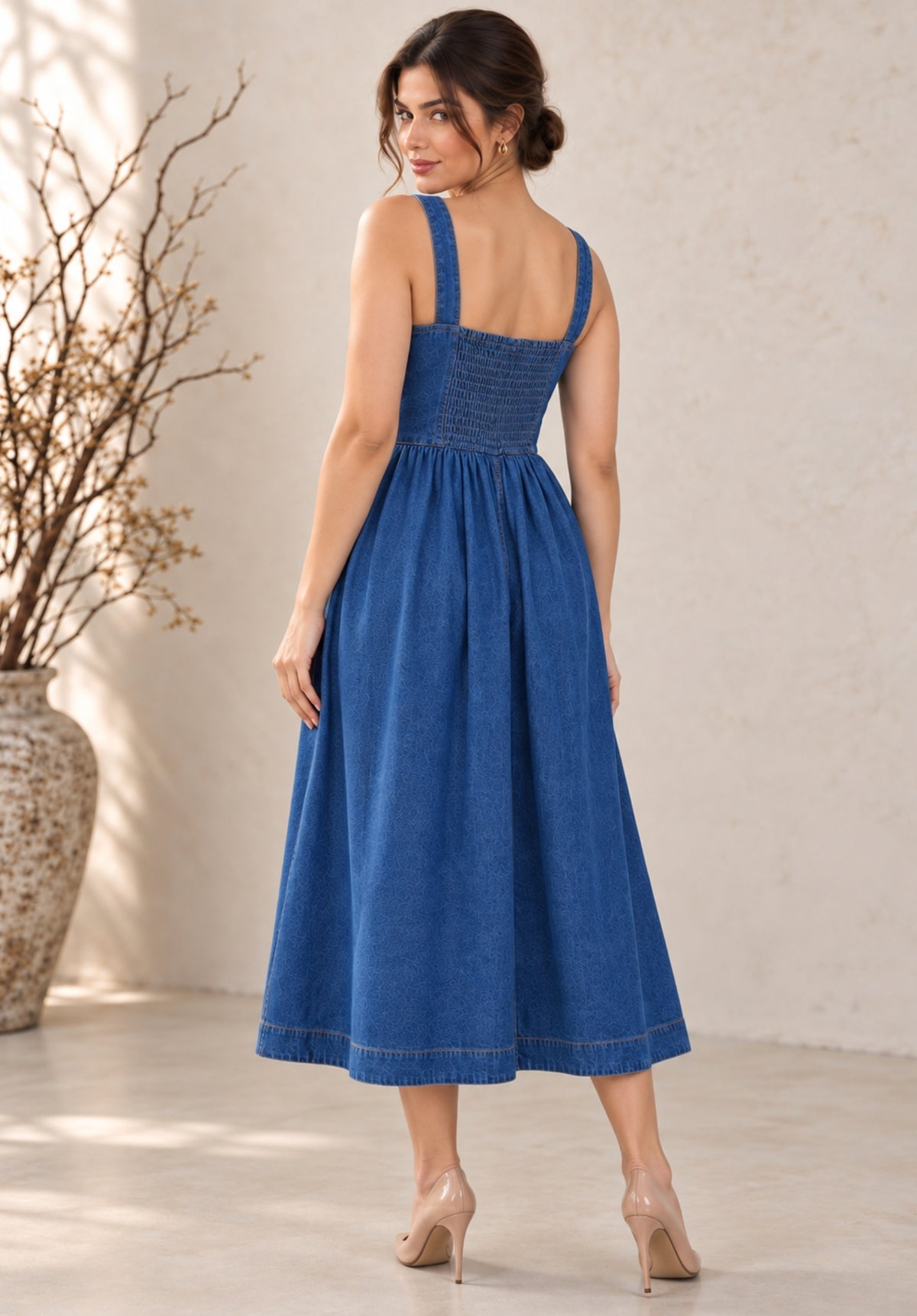 Blue Denim Flared Midi Dress