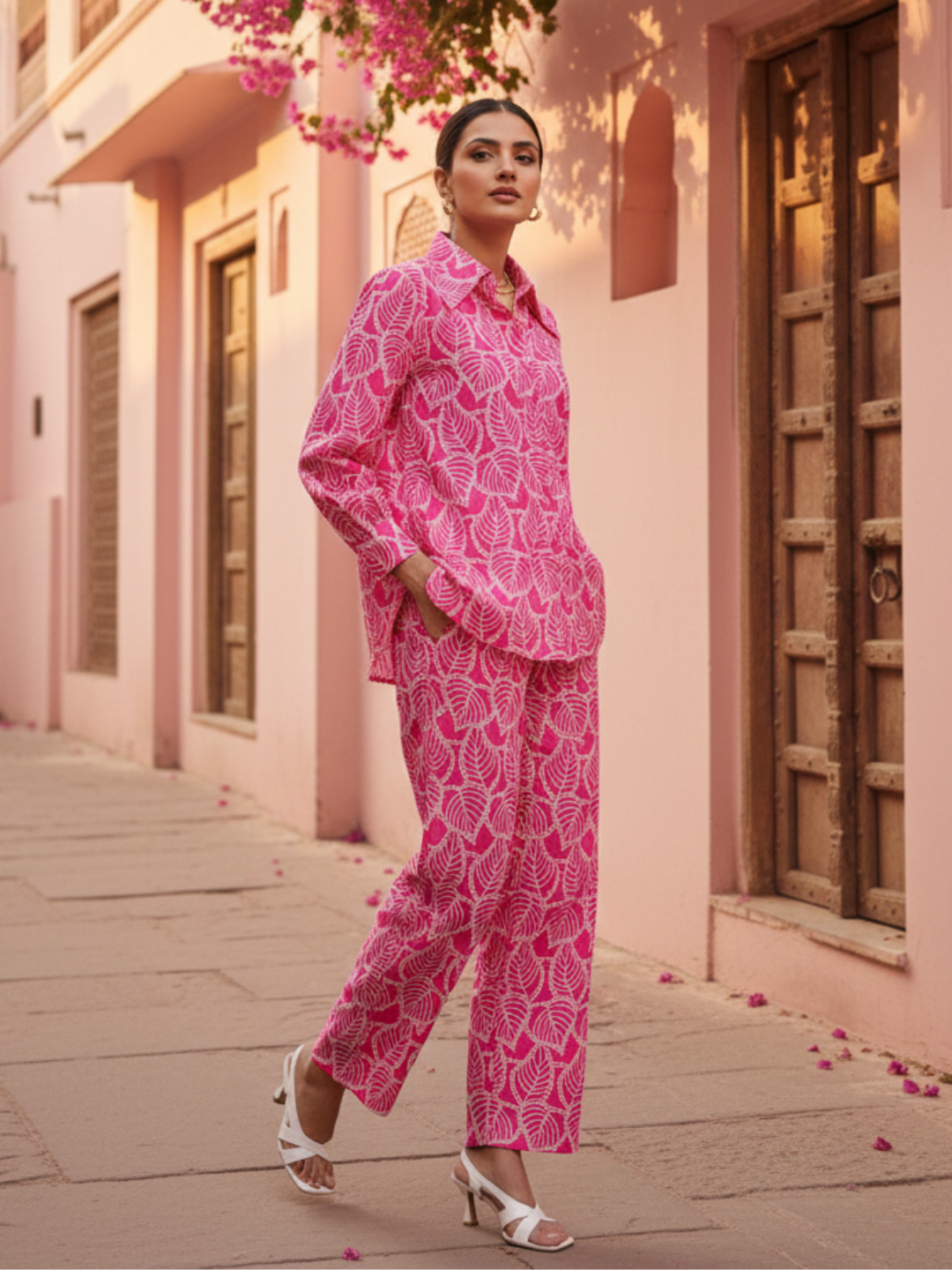 Lifestyle shot of model in pink Schiffli co-ord set